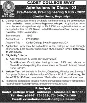 Admission in Cadet College Swat Admissions 2022 — original advertisement