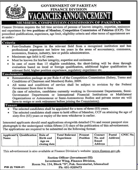 Jobs In Finance Division Islamabad – Ministry of Finance Islamabad Jobs 2022 — original advertisement