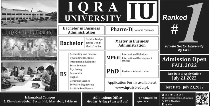 Admission In Iqra University Islamabad Campus Admissions 2022 — original advertisement