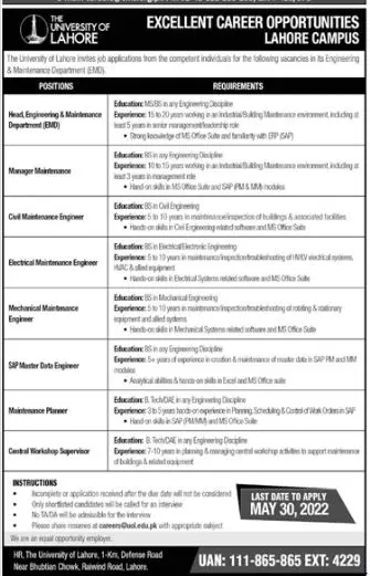 Jobs In University Of Lahore Jobs 2022 — original advertisement