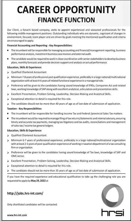 Jobs In Karachi based Company – Private Company Jobs 2022 — original advertisement