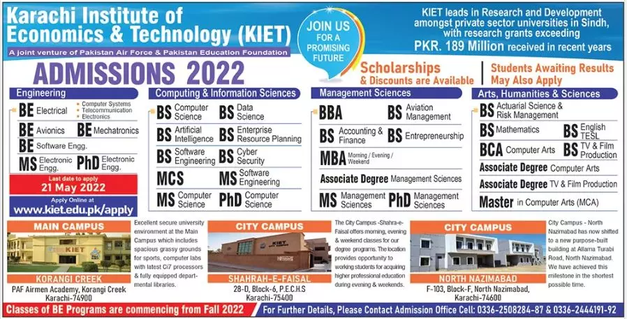 Admission In Karachi Institute of Economics and Technology – Karachi Institute of Economics and Technology KIET Admissions 2022 — original advertisement