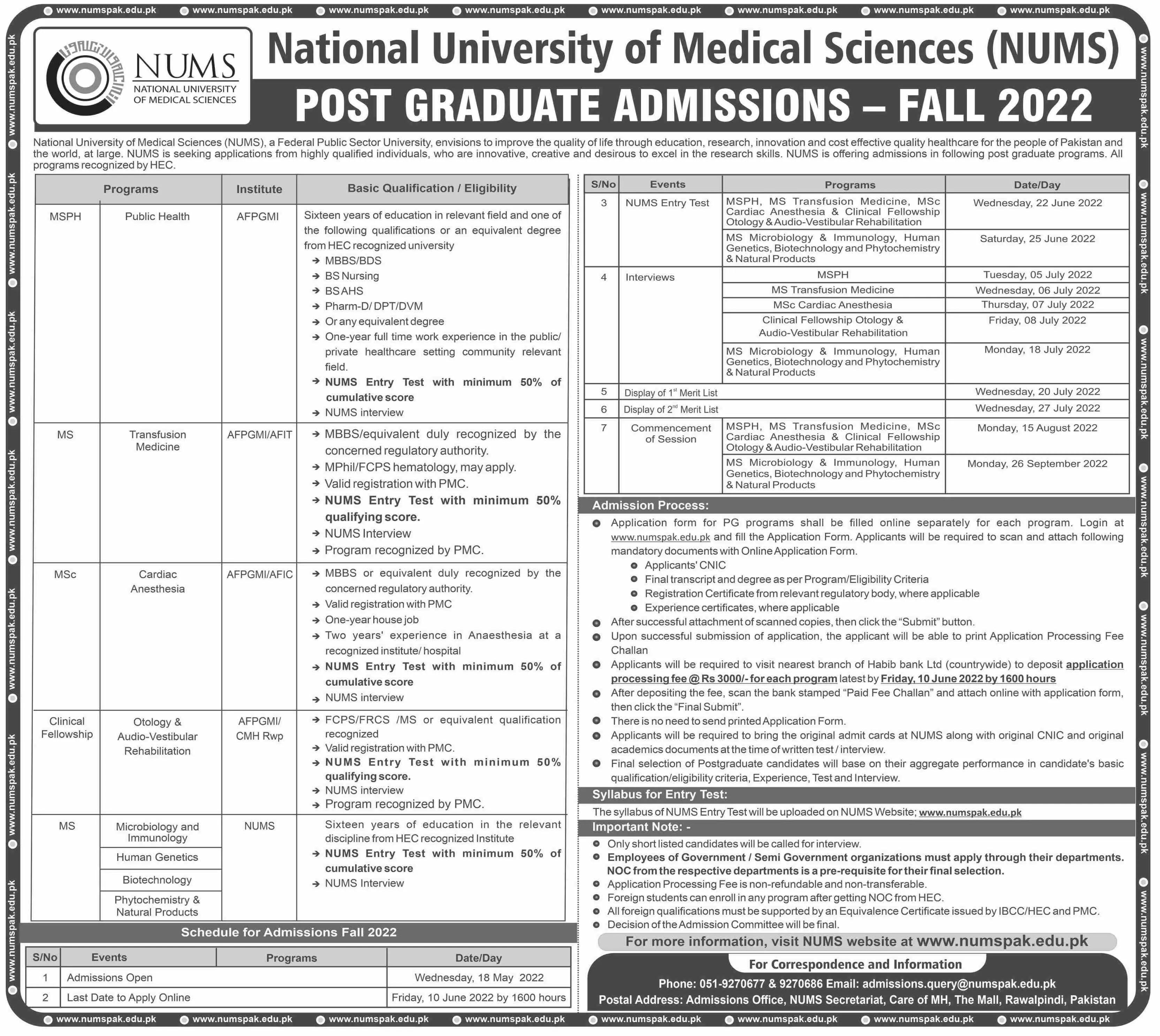Jobs In National University of Medical Sciences (NUMS)) – National University of Medical Science NUMS Jobs 2022 — original advertisement