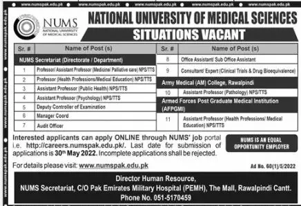Jobs In National University of medical Sciences Nums – National University of Medical Science NUMS Jobs 2022 — original advertisement