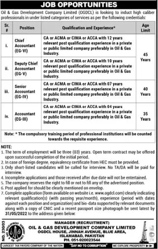 Jobs In Oil & Gas Development Company OGDCL 2022 – Oil & Gas Development Company LTD Jobs 2022 — original advertisement