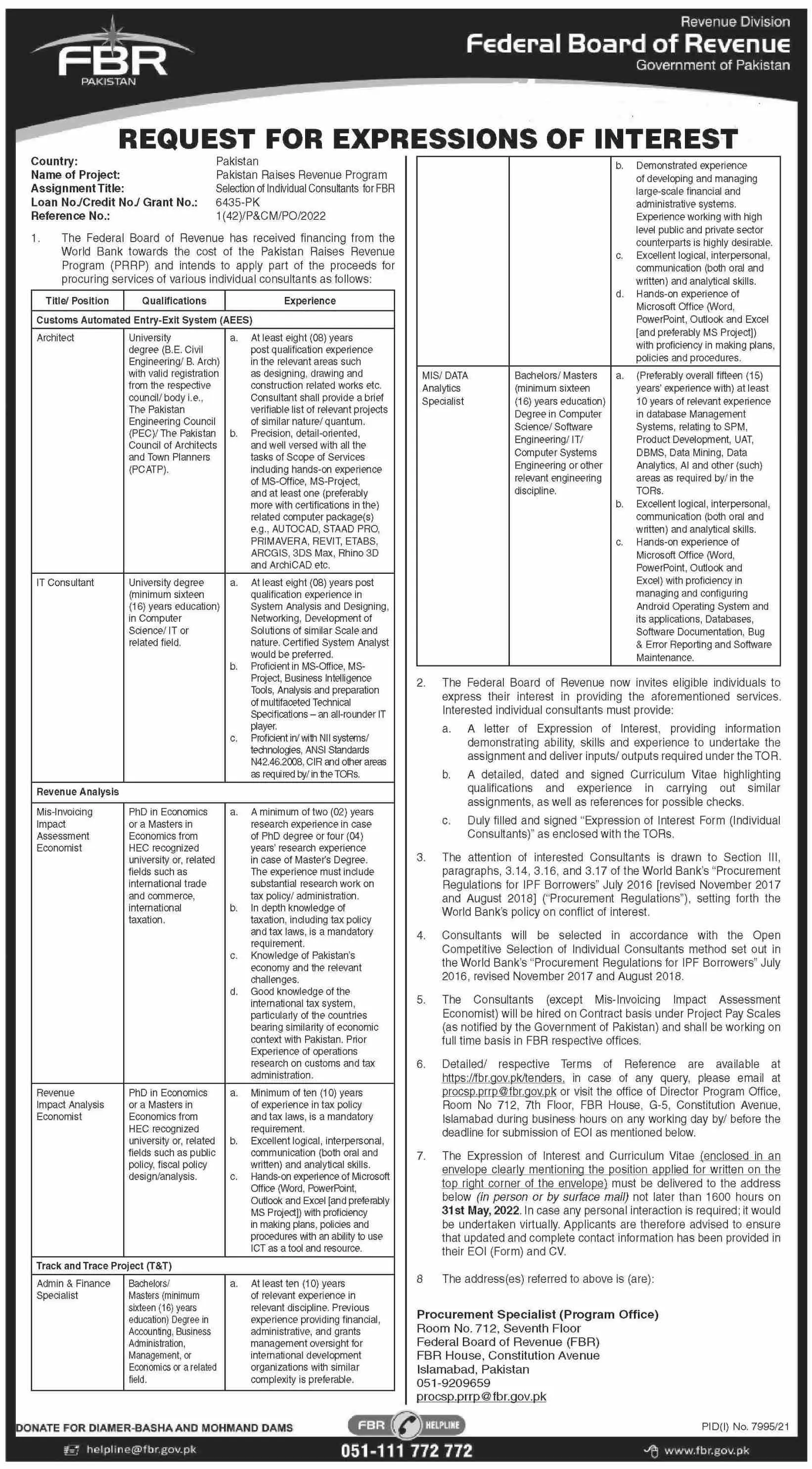 Jobs In Federal Board of Revenue Jobs 2022 — original advertisement