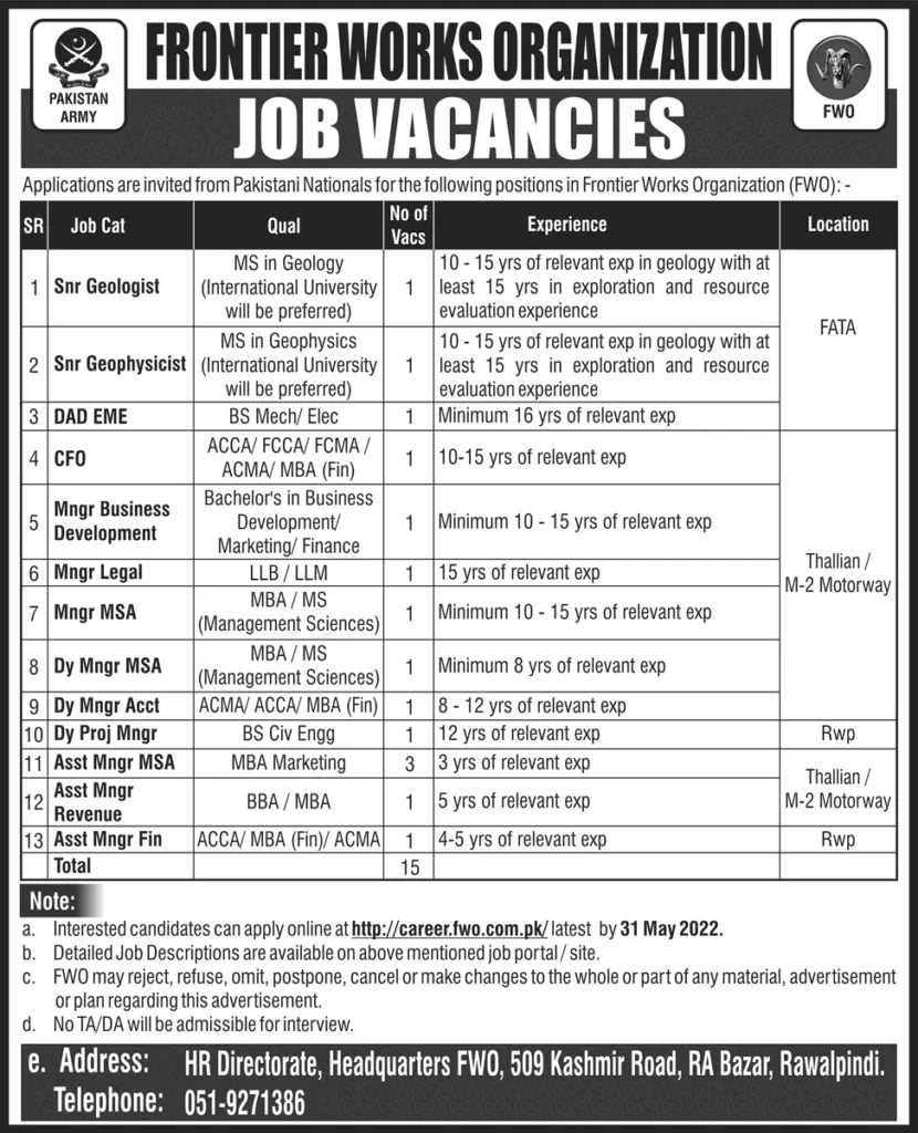 Jobs In Frontier Works Organization FWO Jobs 2022 — original advertisement