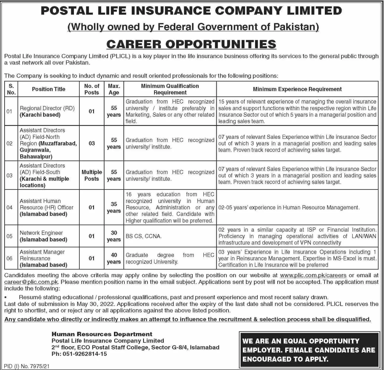 Jobs In Postal Life insurance Company Limited Jobs 2022 — original advertisement