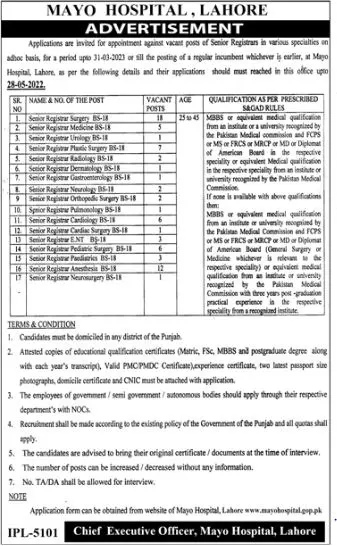 Jobs In Mayo Hospital Lahore Jobs 2022 — original advertisement