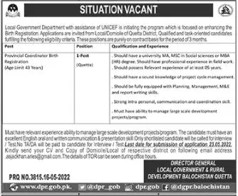 Jobs In Local Government Department Quetta Balochistan – Local Government and Rural Development Department Balochistan Jobs 2022 — original advertisement