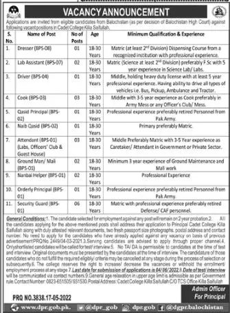 Jobs In Cadet College Killasaifullah Balochistan – Cadet College Killasaifullah Balochsitan Jobs 2022 — original advertisement
