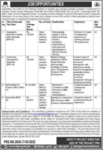 Ten Billion Trees Tsunami Programme Balochistan Jobs 2022 – Forest and Wildlife Department Balochsitan Jobs 2022 — original advertisement