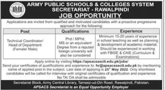 Jobs In Army Public School and College System Rawalpindi – Army Public School And College Rawalpindi Jobs 2022 — original advertisement