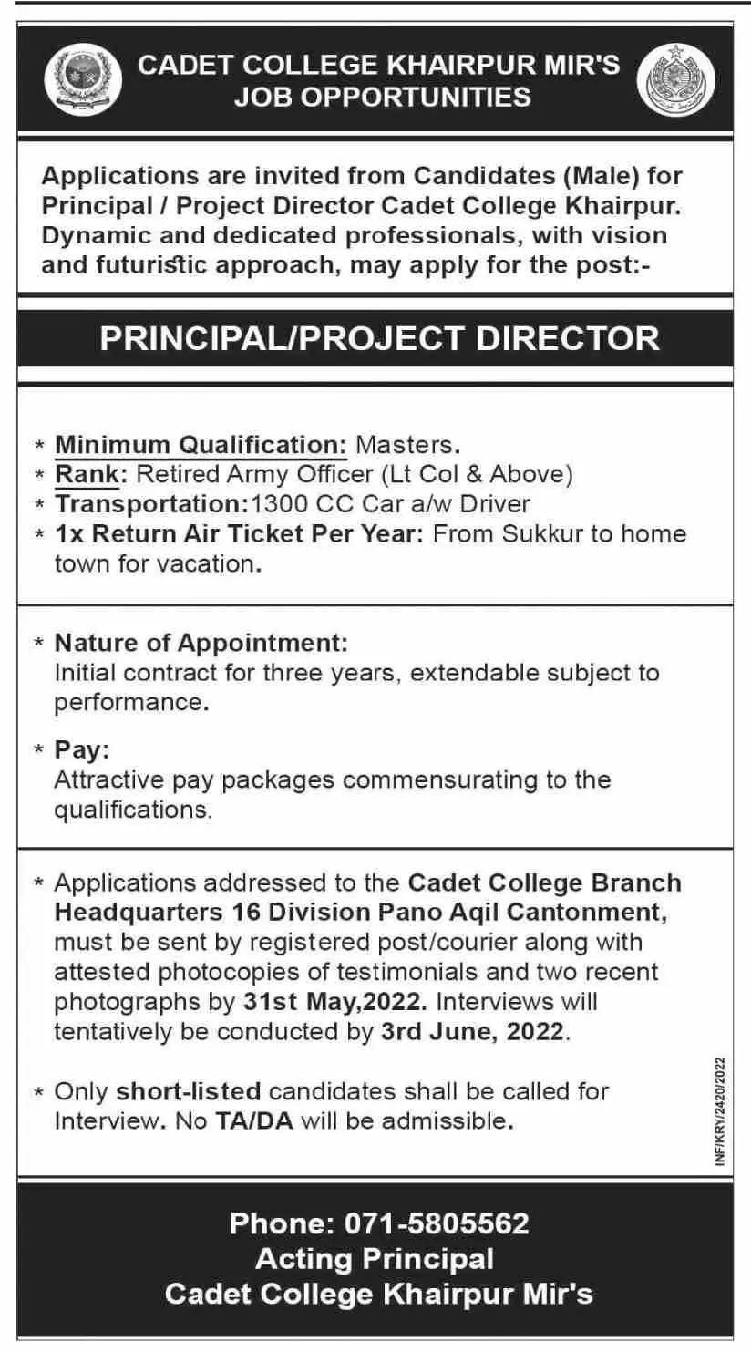 Jobs in Cadet College Khairpur Sindh Jobs 2022 — original advertisement