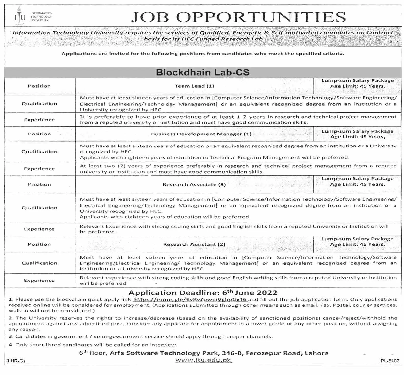 Jobs in Information Technology University ITU Lahore – Information Technology University of the Punjab Lahore Jobs 2022 — original advertisement