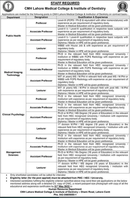 Jobs in CMH Lahore Medical College & Institute of Dentistry Jobs 2022 — original advertisement