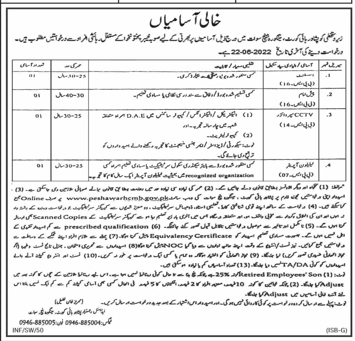 Jobs in Peshawar Highcourt Swat – Peshawar High Court, Peshawar Jobs 2022 — original advertisement