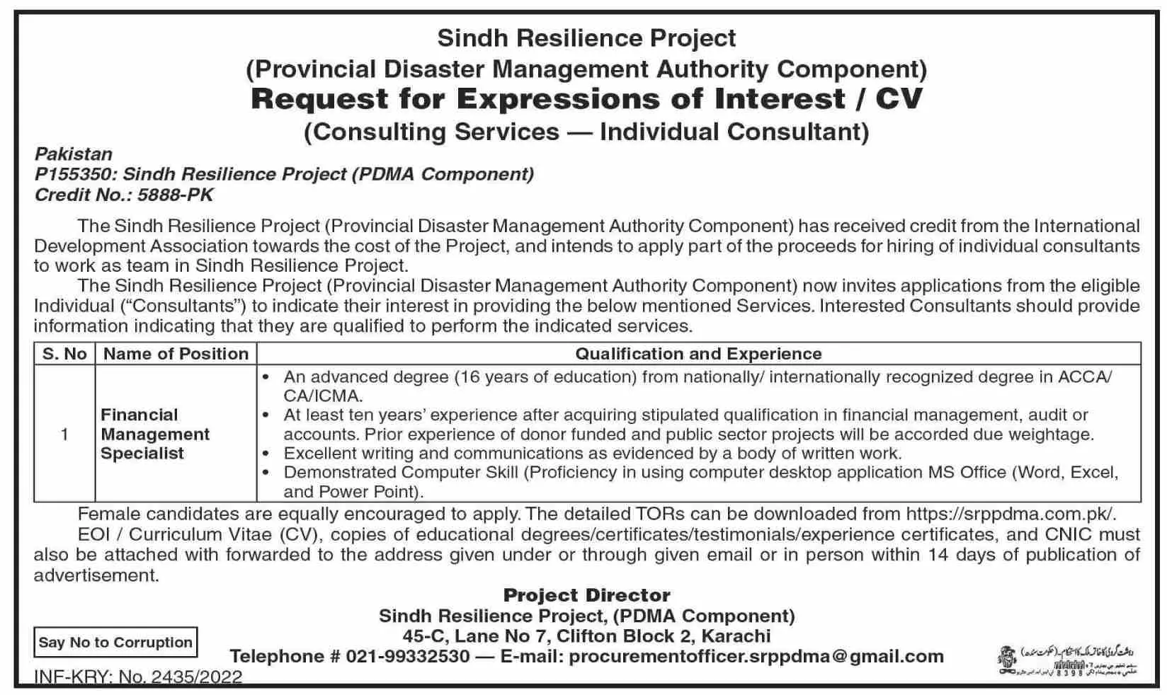 Sindh Resillience Project Consultant Karachi 2022 – Provincial Disaster Management Authority PDMA Sindh Jobs 2022 — original advertisement
