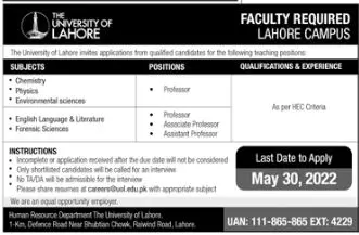 Jobs in University of Lahore Jobs 2022 — original advertisement