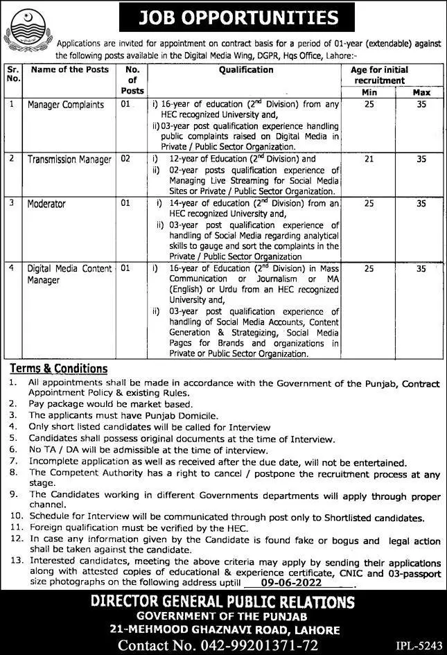 Directorate General Public Relations DGPR Lahore Jobs 2022 – Govt of Punjab Jobs 2022 — original advertisement