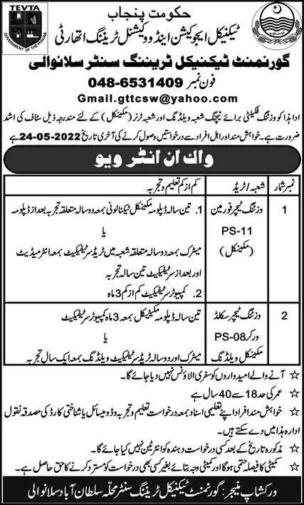 Interview in Technical Education & Vocational Training – Technical Education & Vocational Training Authority TEVTA Punjab Jobs 2022 — original advertisement