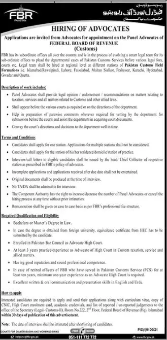 Jobs in Federal Board of Revenue FBR Islamabad 2022 Jobs 2022 — original advertisement