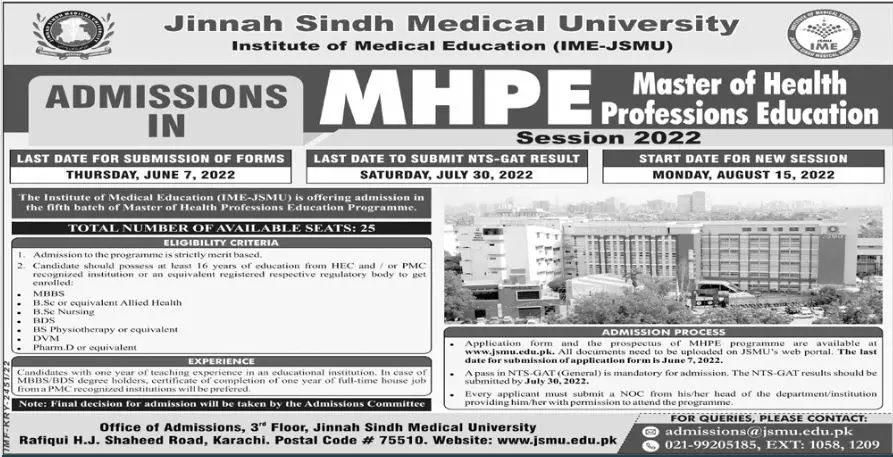 Admission in Jinnah Sindh Medical University – Jinnah Sindh Medical University Karachi Admissions 2022 — original advertisement