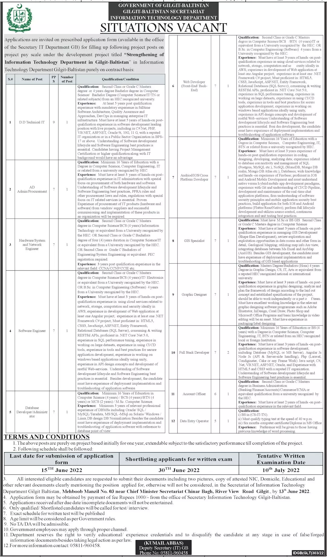 Jobs in information Technology Department Gilgit -Baltistan – Government of Gilgit-Baltistan Jobs 2022 — original advertisement