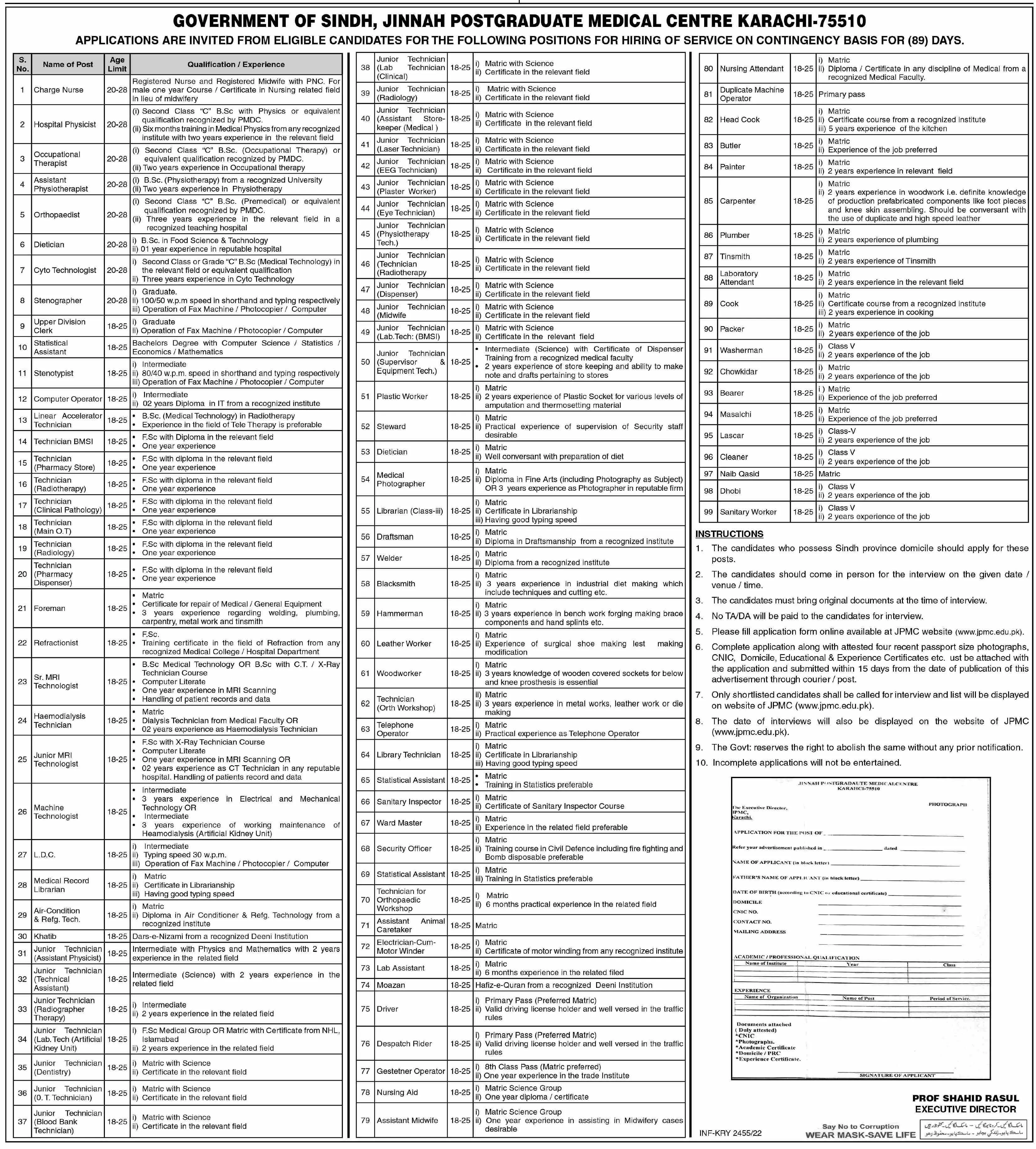 Jobs in Jinnah Postgraduate Medical Centre Karachi – Govt of Sindh Jobs 2022 — original advertisement