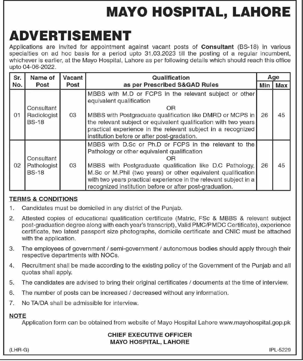 Jobs in Mayo Hospital Lahore Punjab Jobs 2022 — original advertisement