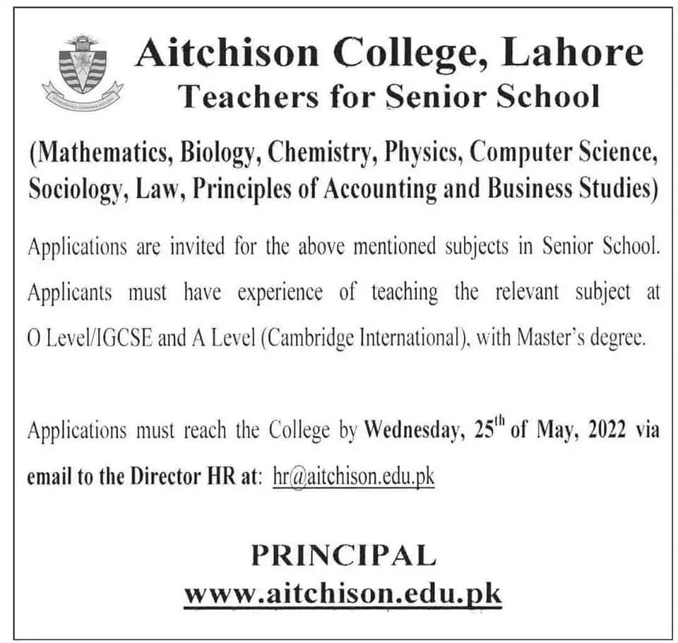 Jobs In Aitchison College Lahore Punjab Jobs 2022 — original advertisement