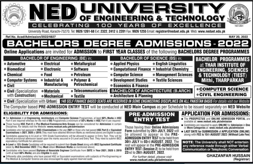 Admission in Ned University of Engineering & Technology – NED University of Engineering and Technology Admissions 2022 — original advertisement