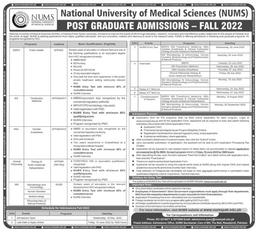 NUMS MS-M-phil Admissions 2022 – National University of Medical Science NUMS Admissions 2022 — original advertisement