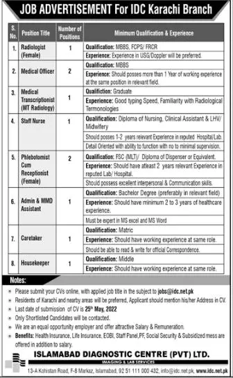 Jobs in Islamabad Diagnostic Centre (IDC) Jobs 2022 — original advertisement
