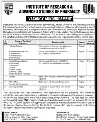Jobs In Institute of Research & Advanced Studies of Pharmacy Jobs 2022 — original advertisement