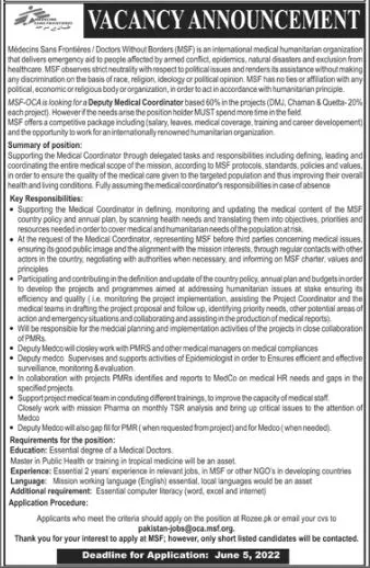 Jobs in Medecins Sans Frontiers MSF Balochistan – Medecins Sans Frontières (MSF) Jobs 2022 — original advertisement
