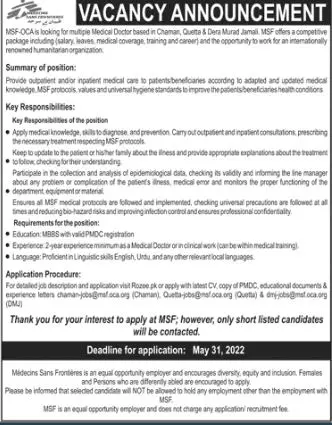 Jobs in Medecins Sans Frontiers MSF Balochistan – Medecins Sans Frontières (MSF) Jobs 2022 — original advertisement