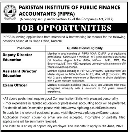 Jobs in Pakistan institute of Public Finance Accounts(PIPFA) – Pakistan Institute of Public Finance Accountants Jobs 2022 — original advertisement