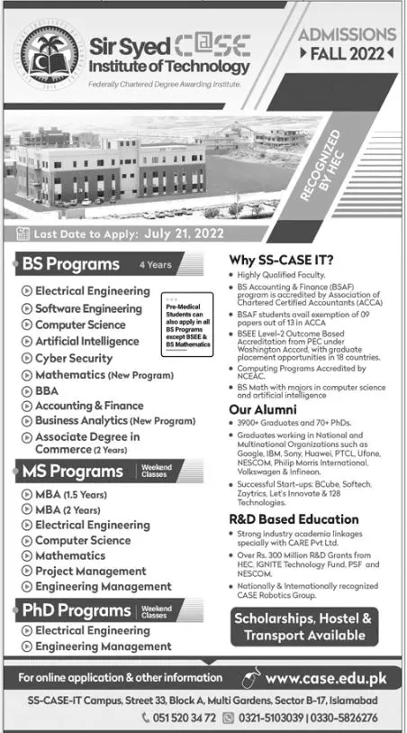 Admission in Sir Syed CASE Institute of Technology Islamabad Admissions 2022 — original advertisement