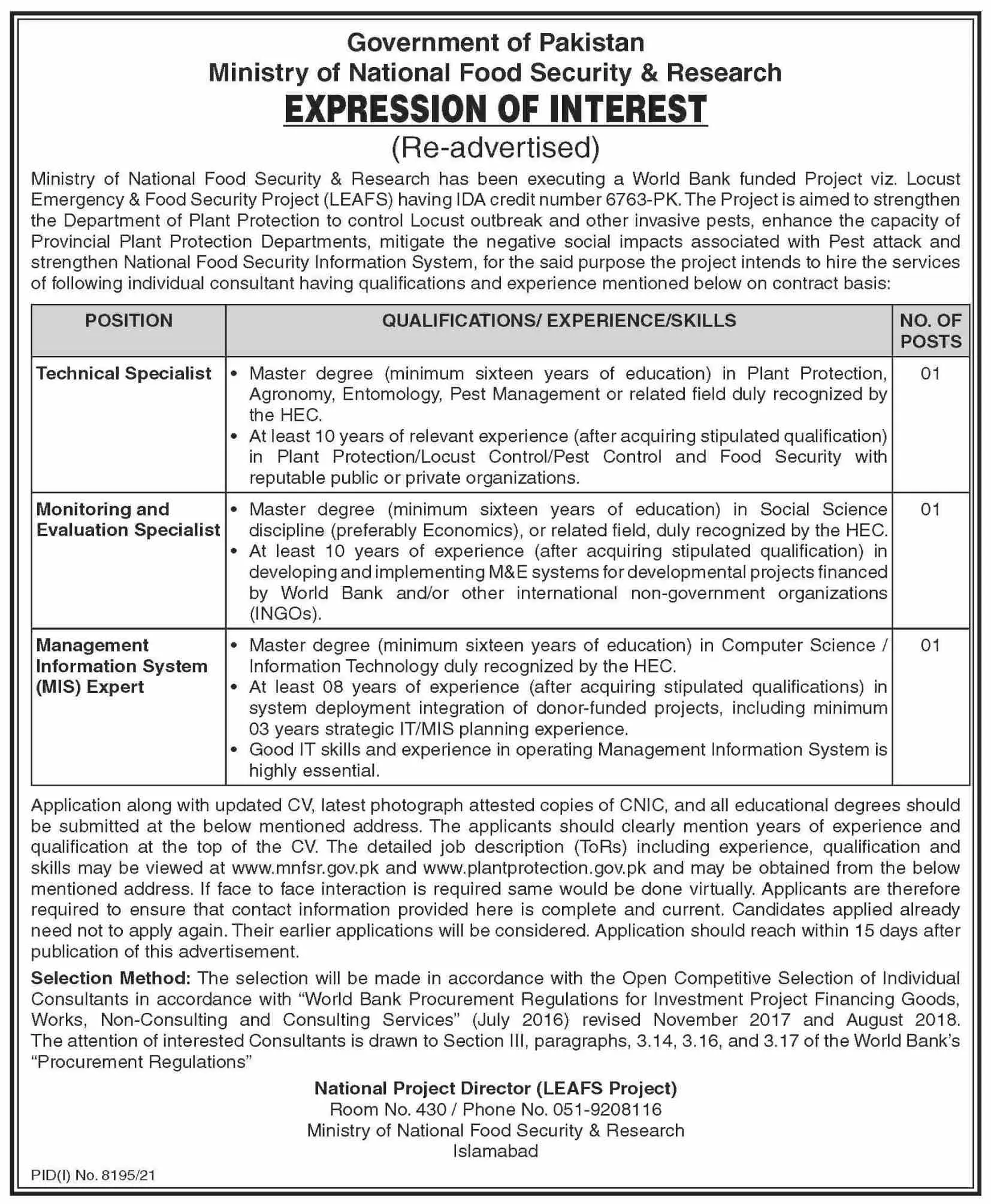 Jobs in Ministry Of National Food Security And Research – Ministry of National Food Security & Research Jobs 2022 — original advertisement