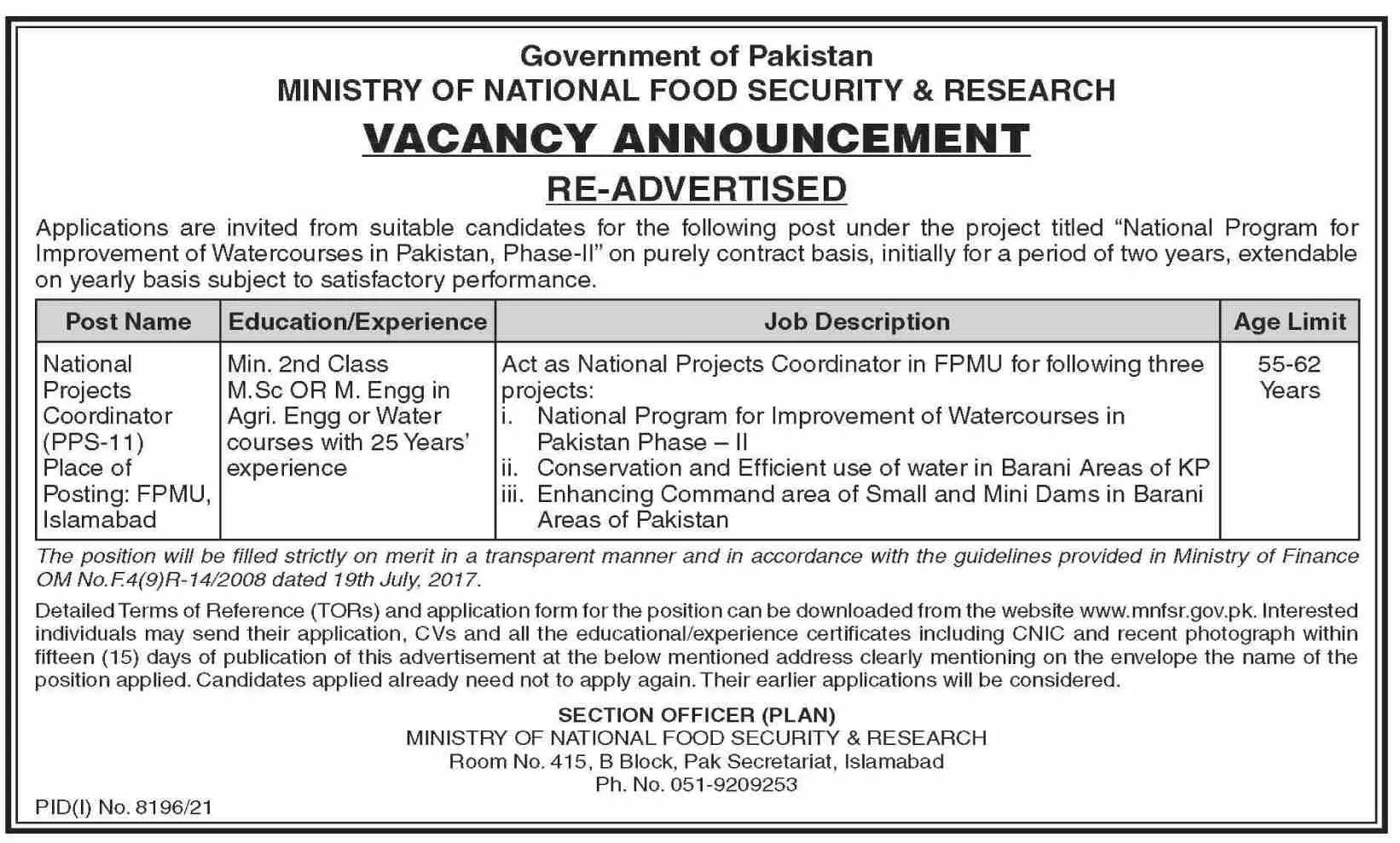Jobs in Ministry Of National Food Security And Research – Ministry of National Food Security & Research Jobs 2022 — original advertisement