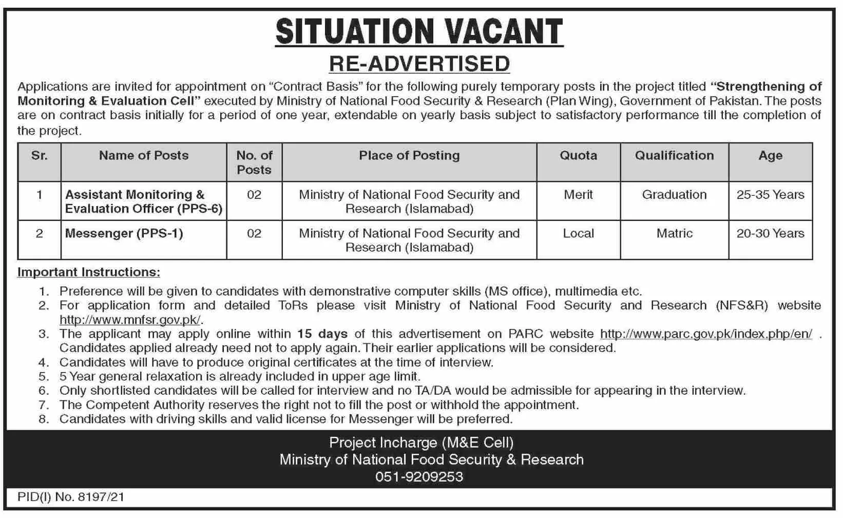 Jobs in Ministry Of National Food Security And Research – Ministry of National Food Security & Research Jobs 2022 — original advertisement