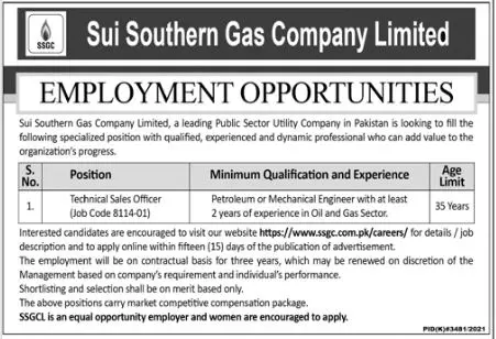 Jobs in Sui Southern Gas Company Limited Jobs 2022 — original advertisement