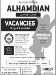 Jobs in Al Hamdian College Section Quetta – Alhamd Islamic University Quetta Jobs 2022 — original advertisement