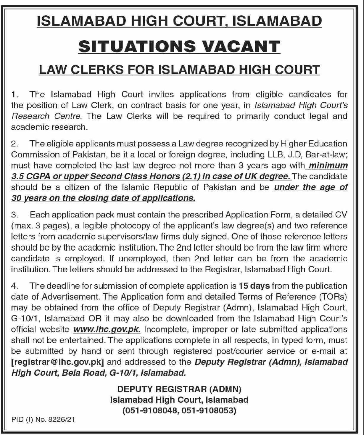 Jobs in Islamabad High Court Jobs 2022 — original advertisement