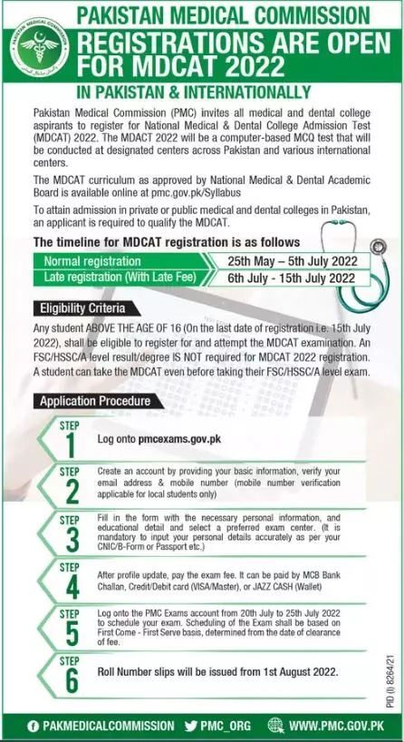 PMC Registrarions  for MBBS BDS MDCAT 2022 – Pakistan Medical Commission Jobs 2022 — original advertisement