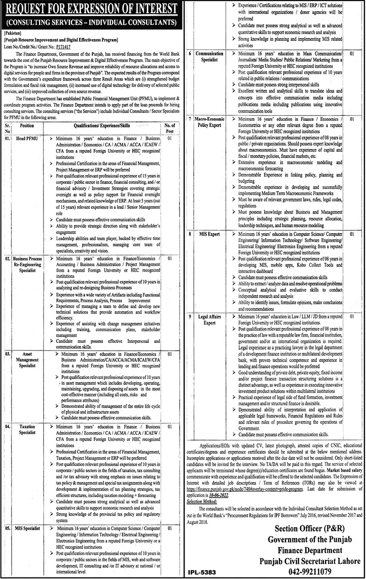 Jobs in Finance Department Punjab Lahore Jobs 2022 — original advertisement