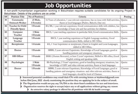 Jobs in Non Profit Humanitarian Organization Balochistan – Public Sector Organization Jobs 2022 — original advertisement