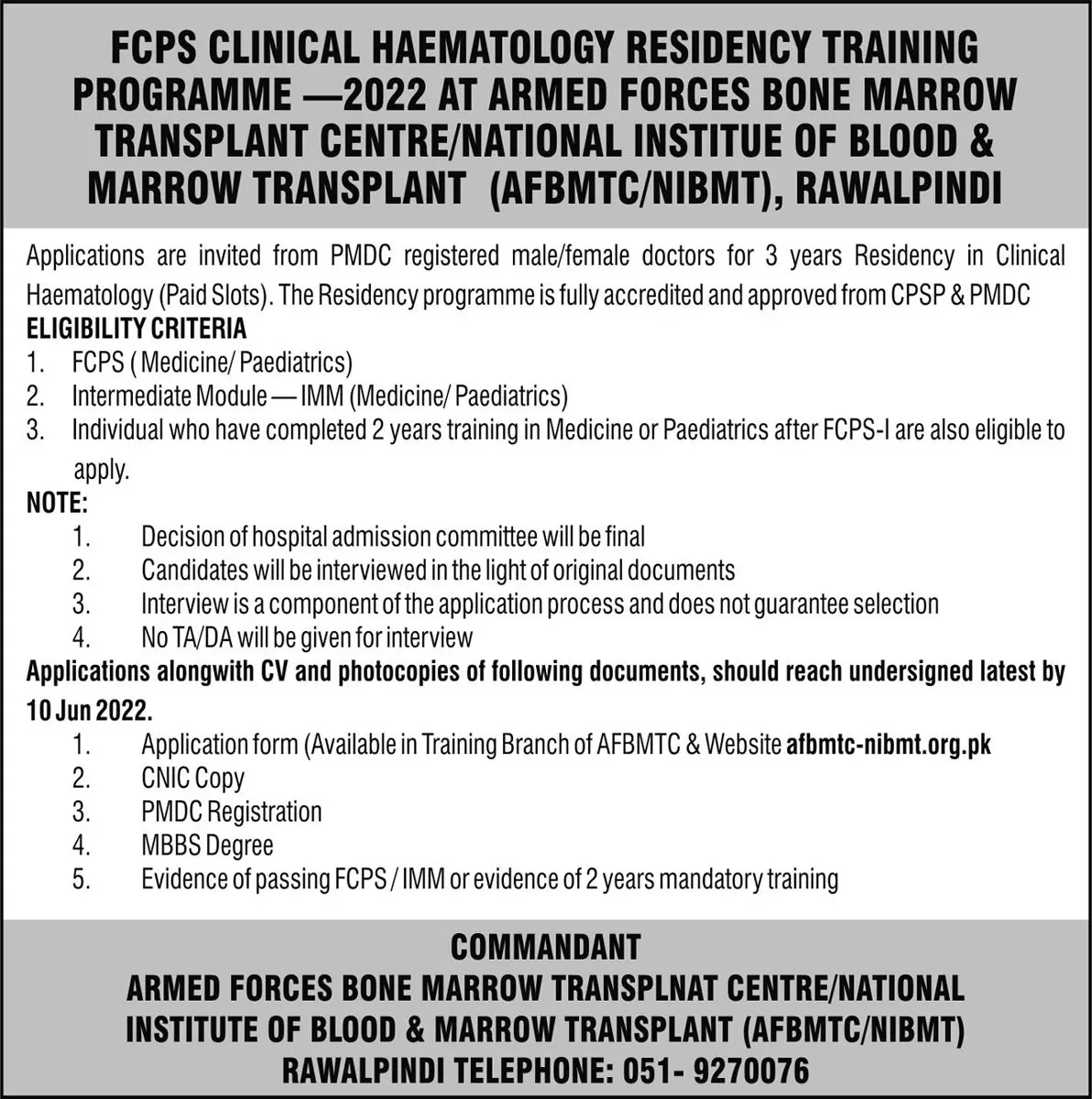Jobs in  Armed Forces Bone Marrow Transplant Center  AFBMTC – Pakistan Army Jobs 2022 — original advertisement