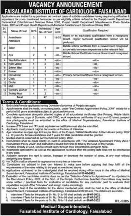 Jobs in Faisalabad Institute of Cardiology, Faisalabad Jobs 2022 — original advertisement